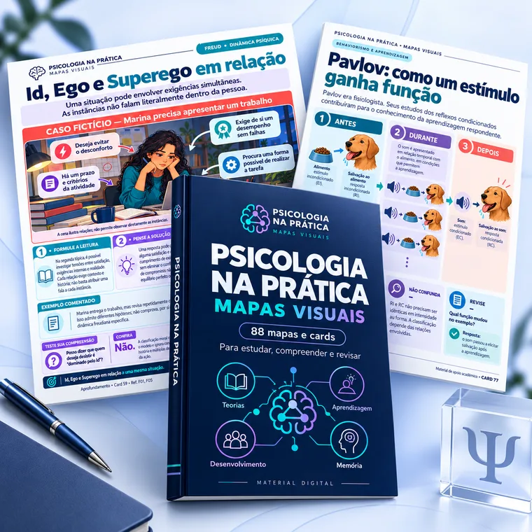 Mockup fornecido da coleção Psicologia na Prática: 88 mapas e cards em PDF para estudo e revisão