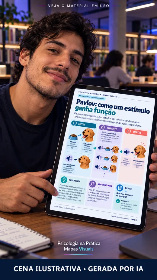 Cena ilustrativa gerada por IA: pessoa demonstrando um mapa de aprendizagem no tablet. Não é depoimento de cliente.