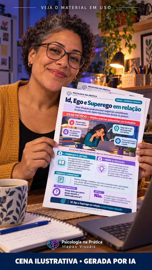 Cena ilustrativa gerada por IA: pessoa demonstrando um mapa de psicanálise impresso. Não é depoimento de cliente.