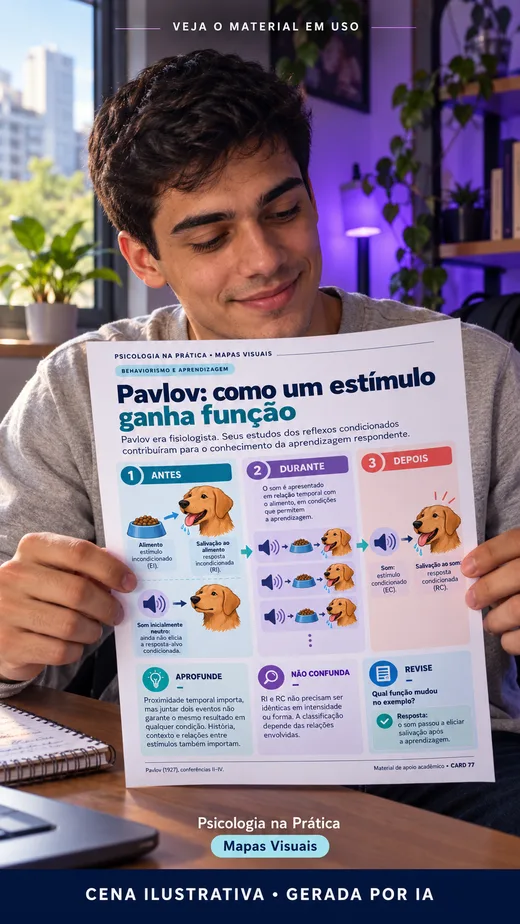Cena ilustrativa gerada por IA: pessoa demonstrando um mapa de aprendizagem impresso. Não é depoimento de cliente.