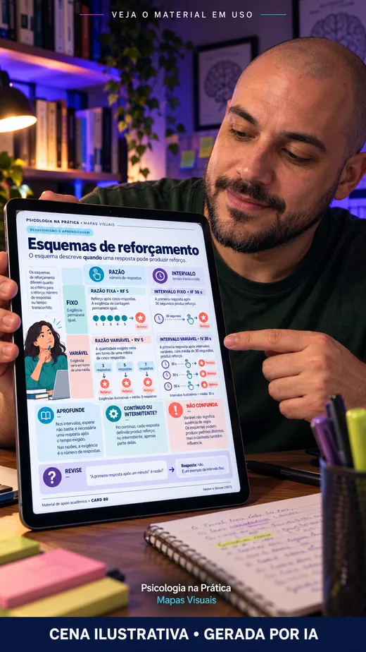 Cena ilustrativa gerada por IA: pessoa demonstrando um mapa de aprendizagem no tablet. Não é depoimento de cliente.